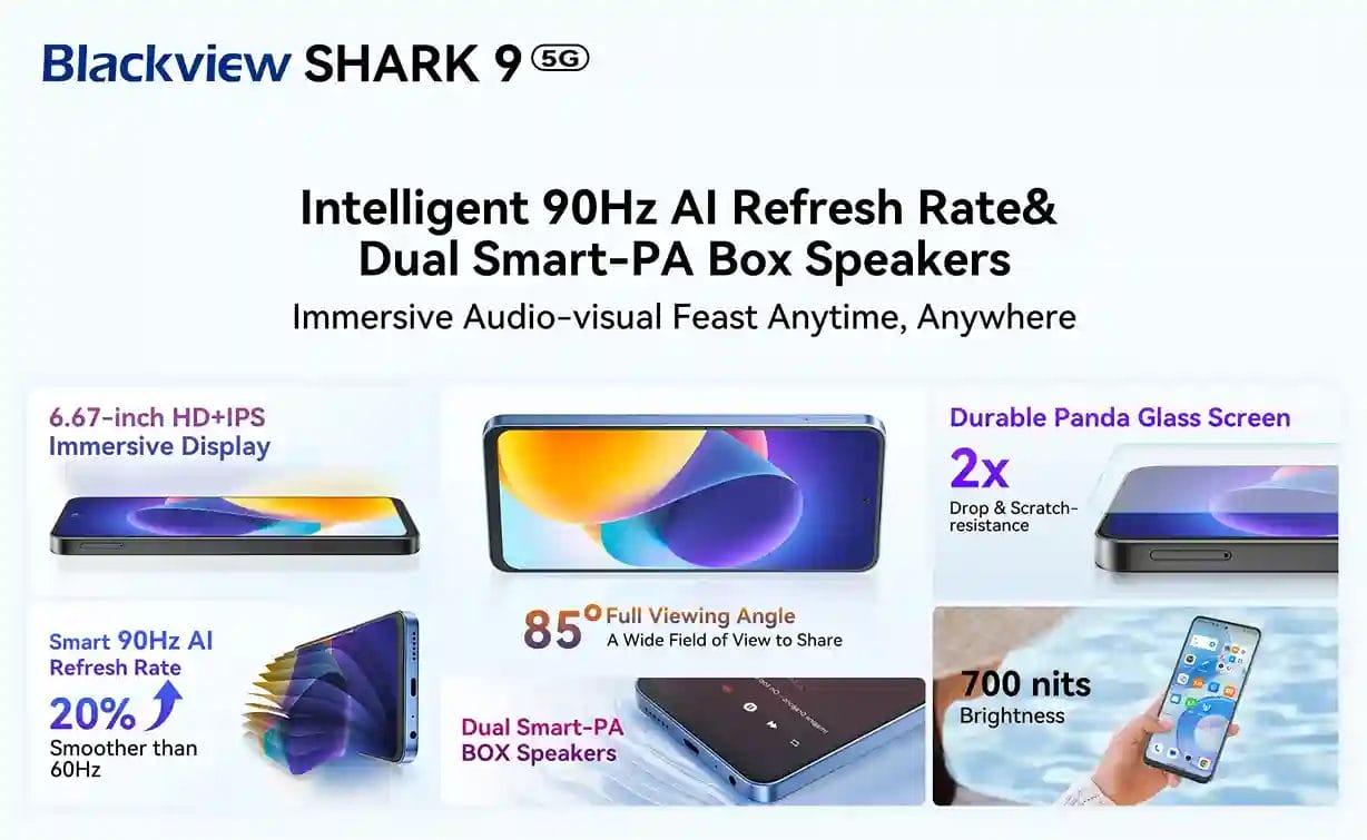 هاتف Blackview SHARK 9 5G مواصفات مذهلة و سعر لا يصدق 3 Blackview Sharek 9 5G معدل التحديث الذكي 90 هرتز و مكبرات الصوت المزدوجة الذكية