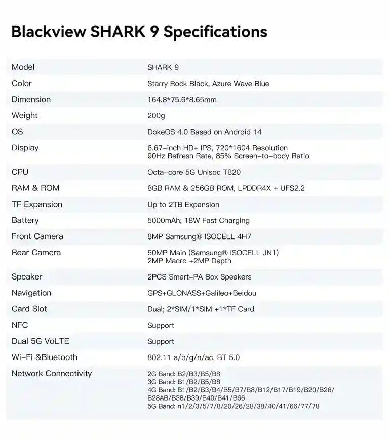 هاتف Blackview SHARK 9 5G مواصفات مذهلة و سعر لا يصدق 19 المواصفات التقنية لهاتف Blackview Sharek 9 5G