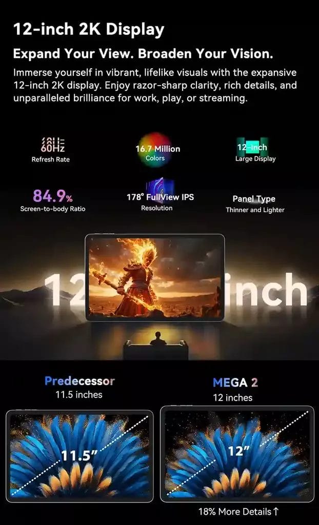 Blackview MEGA 2 شاشة 12 بوصة بدقة 2K لتجربة مشاهدة غامرة