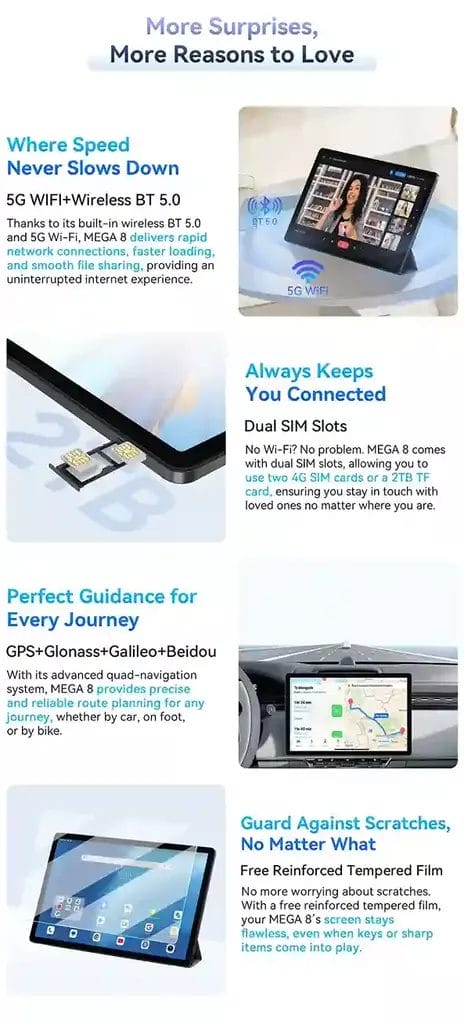 Blackview MEGA 8 ابق على اتصال دائمًا مع دعم شريحتين SIM واستمتع برحلات آمنة مع نظام GPS رباعي