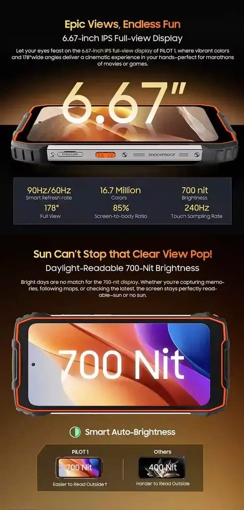 Blackview OSCAL PILOT 1 شاشة IPS كاملة الرؤية بحجم 6.67 بوصة لمتعة لا حدود لها مع سطوع 700 شمعة