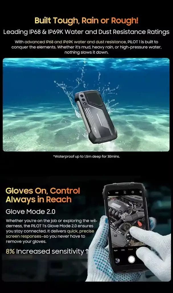 Blackview OSCAL PILOT 1 متين وقادر على تحمل الماء والغبار وفقًا لمعياري IP68 و IP69K مع تحكم سلس حتى مع القفازات بفضل Glove Mode 2.0