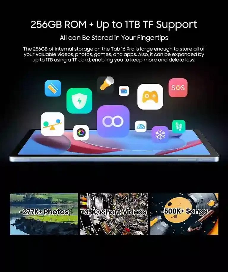 Blackview Tab 16 Pro مساحة تخزين وفيرة (256GB) مع دعم بطاقة TF حتى 1TB - كل ملفاتك في متناول يدك