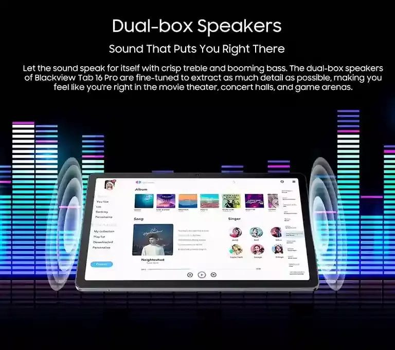 Blackview Tab 16 Pro مكبرات صوت مزدوجة تمنحك صوتًا غنيًا وواضحًا مع Bass قوي