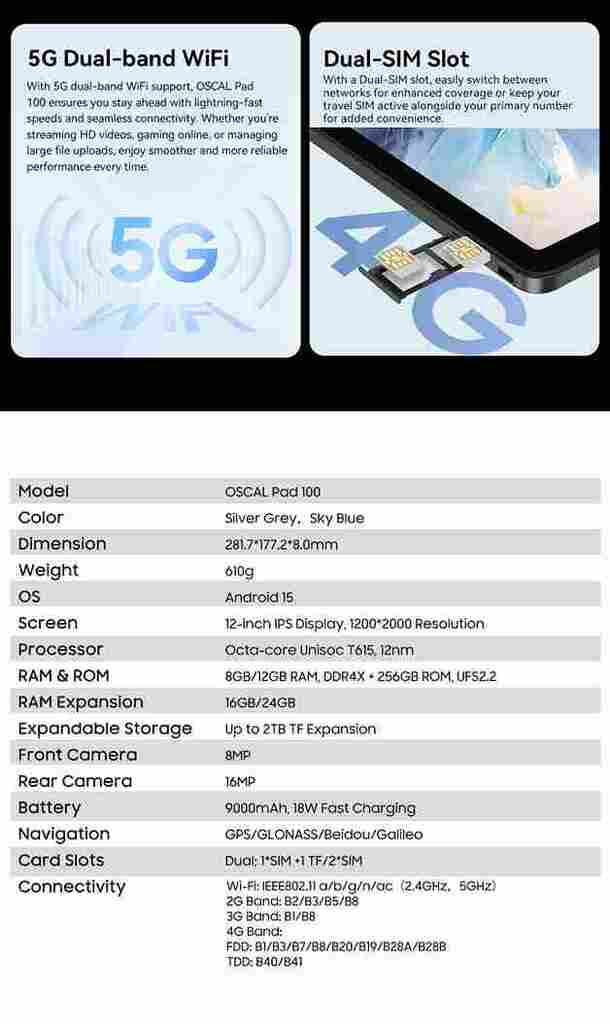 OSCAL Pad 100 اتصال سريع وموثوق مع دعم 5G Dual-band WiFi وفتحة Dual-SIM