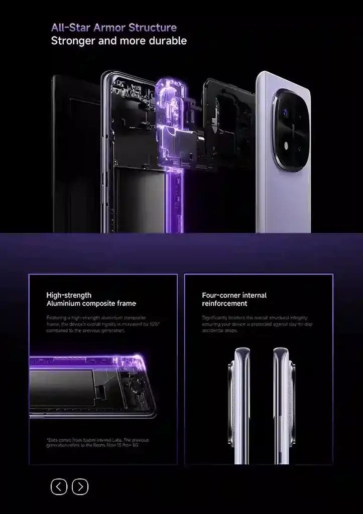 Redmi Note 14 Pro+ تصميم داخلي معزز وإطار من الألومنيوم عالي القوة لتحمل أقوى