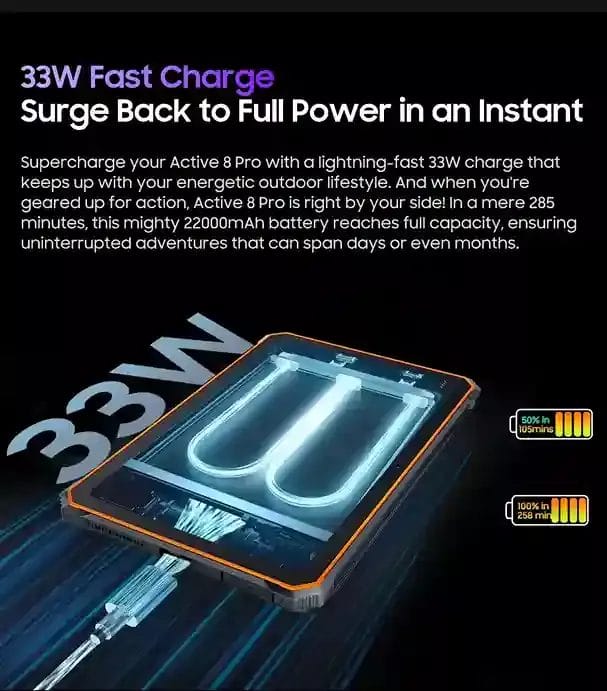 استمتع بالطاقة لفترة أطول مع بطارية 22000mAh والشحن السريع 33 واط في Active 8 Pro
