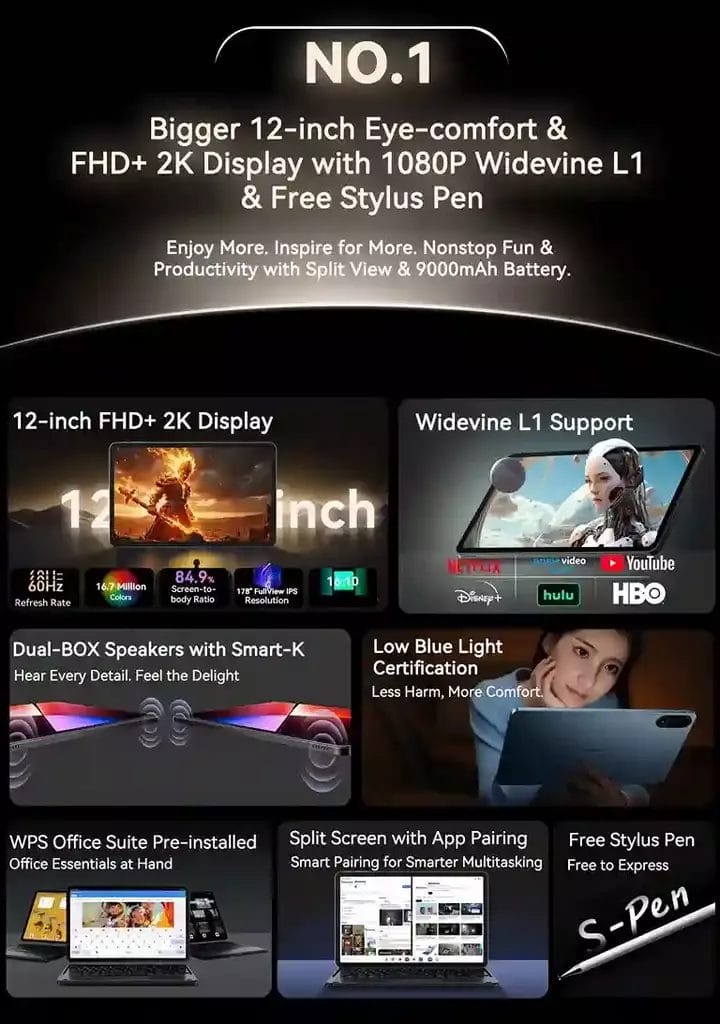 استمتع بتجربة بصرية مذهلة مع شاشة 12 بوصة FHD+ 2K في Blackview MEGA 2