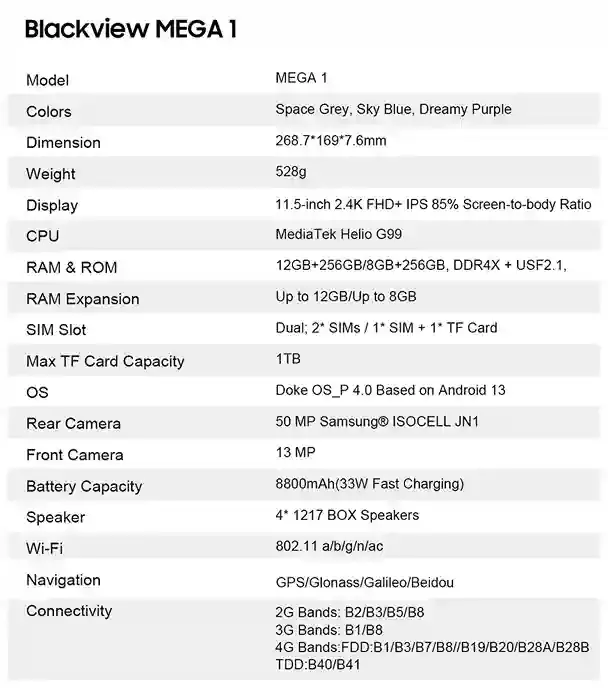 تعرف على كل تفاصيل Blackview MEGA 1 شاشة، معالج، ذاكرة، وكاميرا