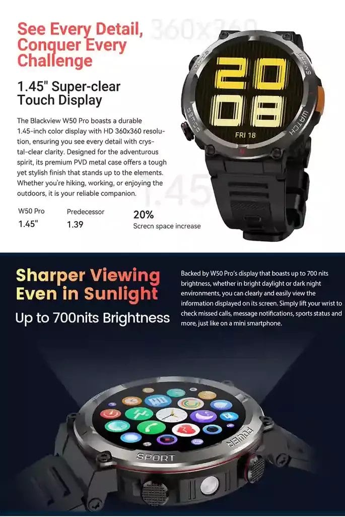 رؤية واضحة حتى تحت أشعة الشمس سطوع يصل إلى 700 شمعة في شاشة Blackview W50 Pro