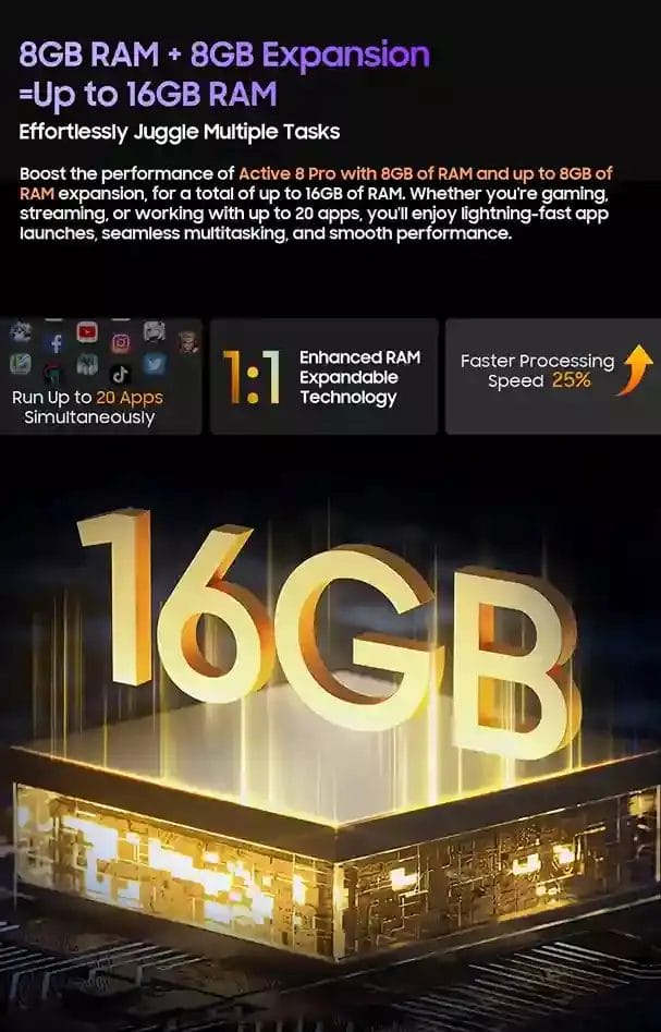 سرعة فائقة وأداء معزز مع ذاكرة RAM قابلة للتوسيع في Blackview Active 8 Pro