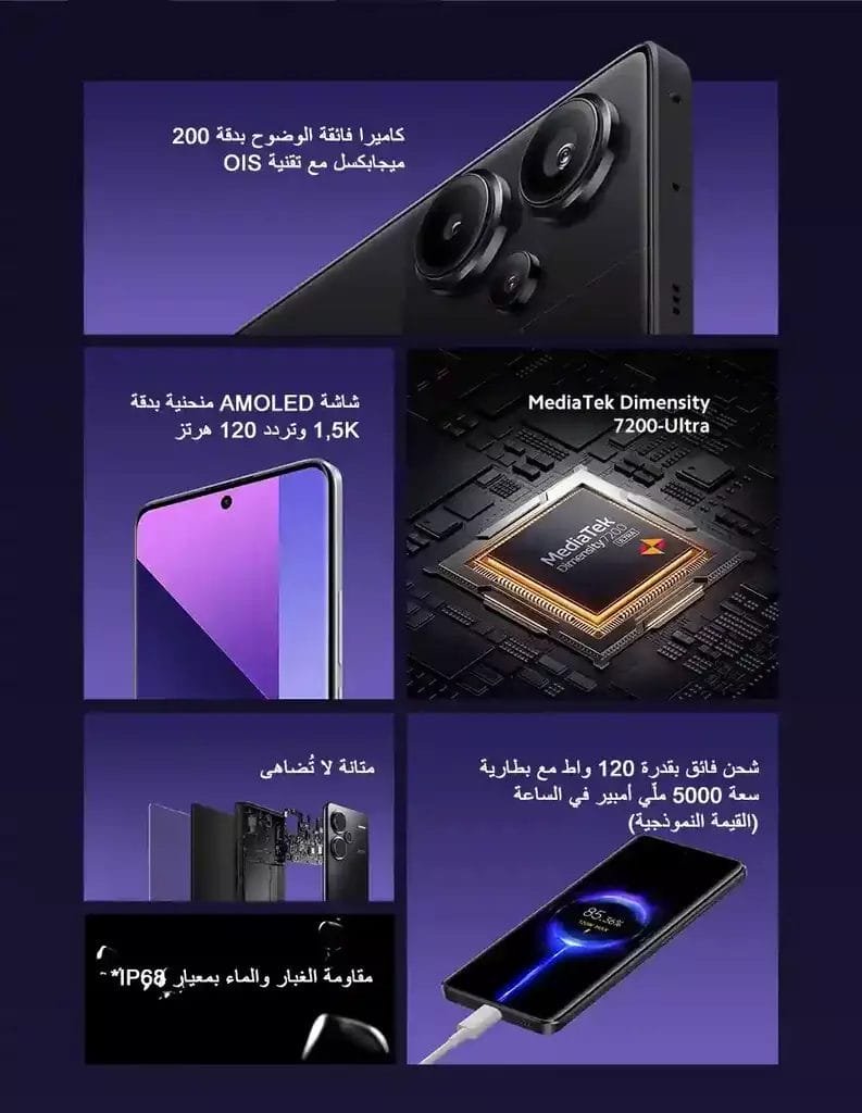 شريحة Dimensity 7200 Ultra mobile، جزء من هاتف Redmi Note 13 Pro Plus 5G الذكي.
