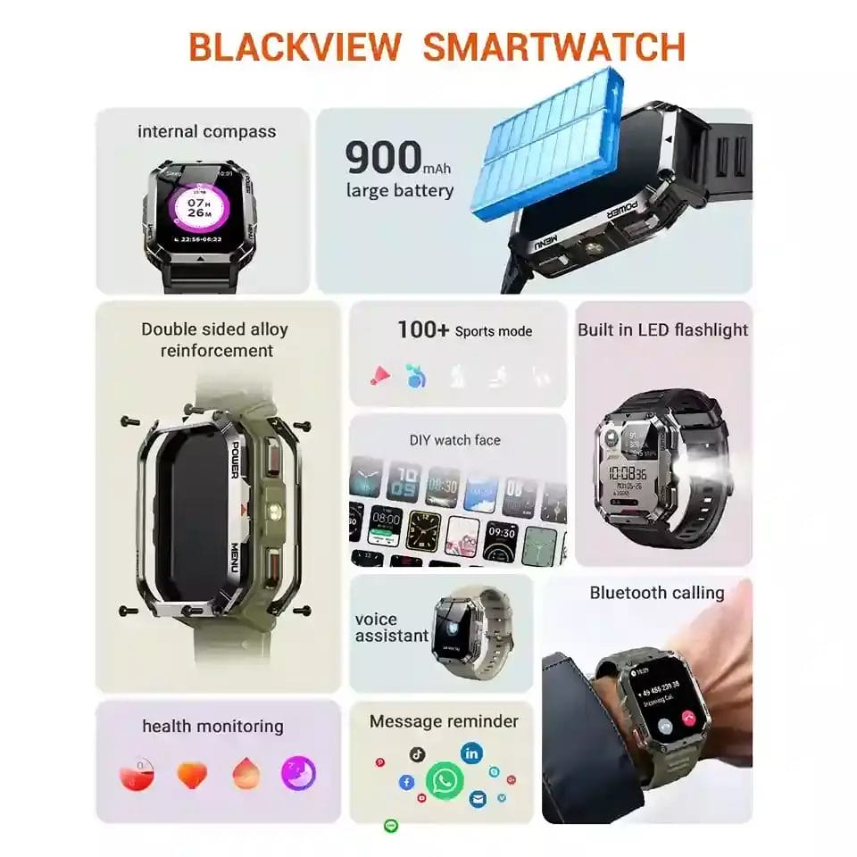 مميزات ساعة Blackview الذكية W70 Pro بوصلة داخلية، بطارية كبيرة 900mAh، وضع رياضي متعدد، مصباح LED مدمج، مكالمات بلوتوث، وغيرها