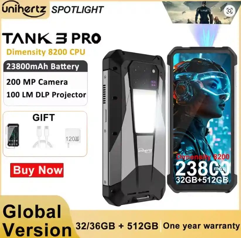 Unihertz Tank 3 Pro هاتف ببطارية أسطورية و شاشة عرض في كل مكان 7 هاتف Unihertz Tank 3 Pro يجمع بين بطارية 23800 بالإضافة إلى بروجيكتور مدمج بقوة 100 لومن