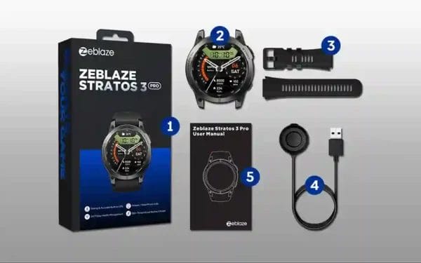 محتويات علبة Zeblaze Stratos 3 PRO الكاملة