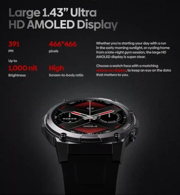 شاشة AMOLED فائقة الوضوح بحجم 1.43 بوصة في Zeblaze VIBE 7 PRO