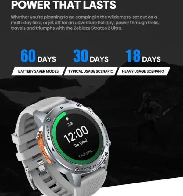 عمر بطارية حتى 60 يومًا من الأداء مع Zeblaze Stratos 2 Ultra