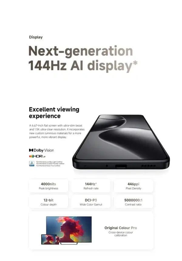 تجربة بصرية متميزة مع شاشة AMOLED بدقة 1.5K في Xiaomi 14T
